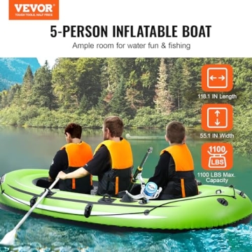 VEVOR Schlauchboot Fischerboot für 5 Personen, Robustes, Tragbares Bootsfloßkajak aus PVC, 45,6-Zoll-Aluminiumruder, Hochleistungspumpe, Angelrutenhalter und 2 Sitze, 499 kg Kapazität - 2